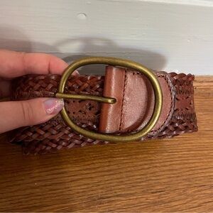 Garnet Hill Tooled Leather Braided Laser Cut Belt Brown / Brass - M